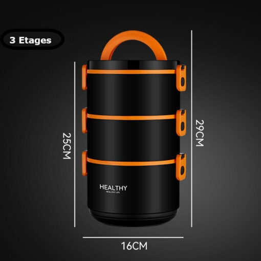 Dimensions de la Lunch Box Compartimentée Inox Orange 4 niveaux