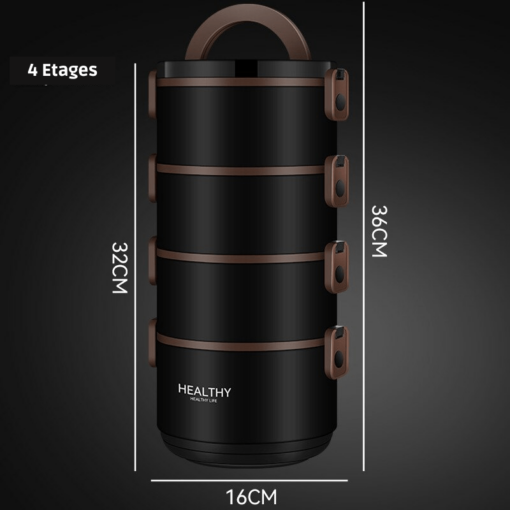dimensions de la Lunch Box Compartimentée Inox Marron 4 niveaux