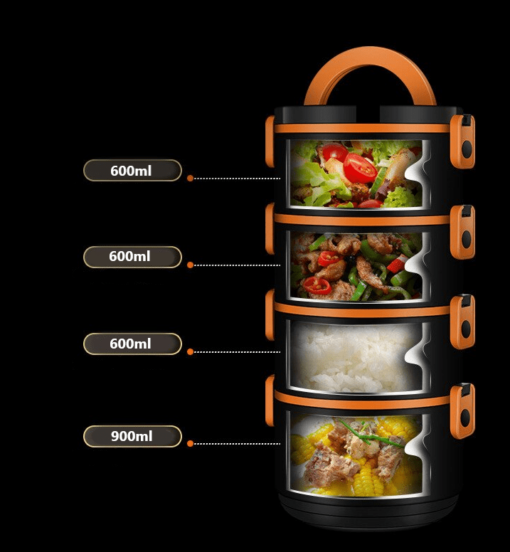 la Lunch Box Compartimentée Inox Orange avec de la nourritures